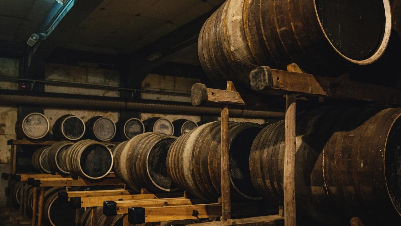 stacked whisky barrels